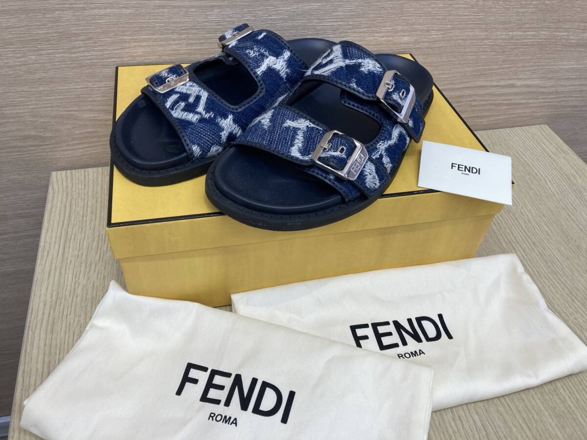 FENDI ♪ デニム調 ジャカード スライドサンダル 8R8092ASB5 1円スタート!!極美品!!】FENDI フェンディ FFロゴ ジャガード