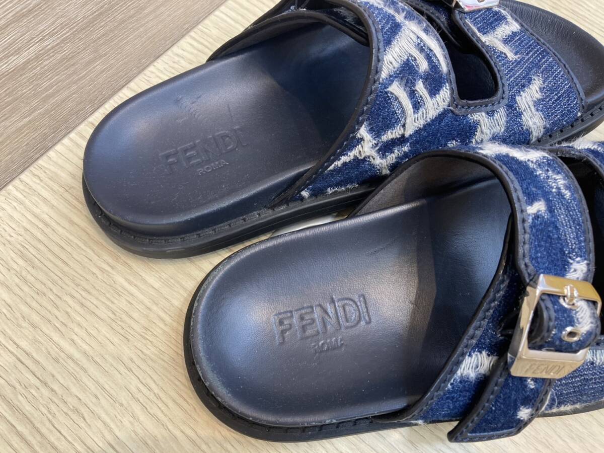 【FENDI】デニム調 ジャカード スライドサンダル 1円スタート!!極美品!!】FENDI フェンディ FFロゴ ジャガード