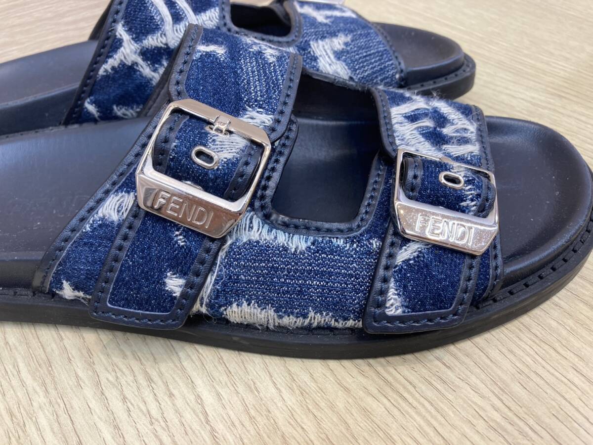 【Fendi】FFロゴ ジャガード デニム スライドサンダル ブルー 1円スタート!!極美品!!】FENDI フェンディ FFロゴ ジャガード