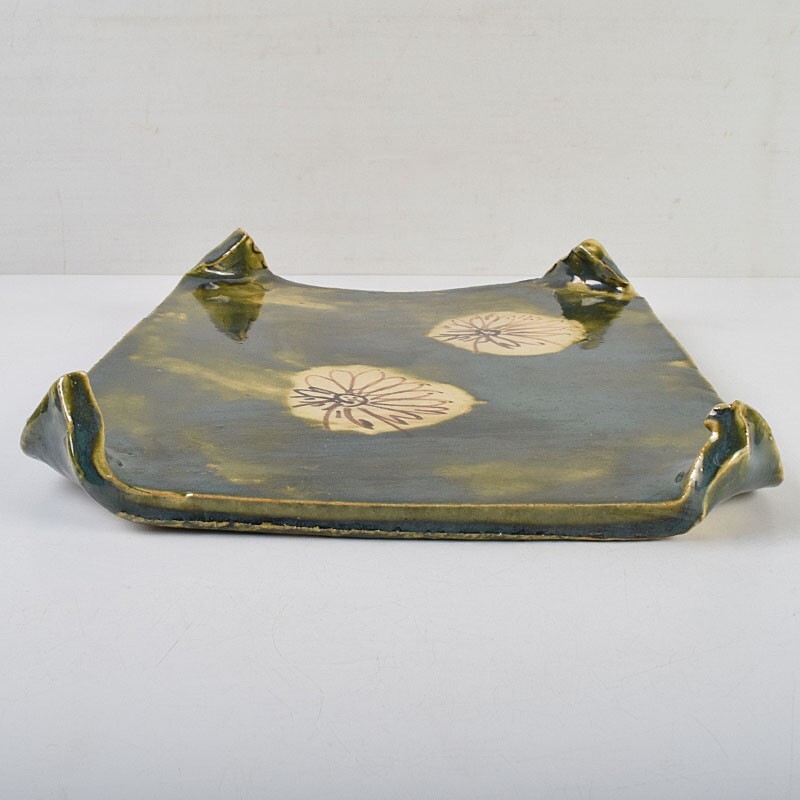 北大路魯山人作 青織部 花文 吸上板 長角皿 共布 黒田陶々