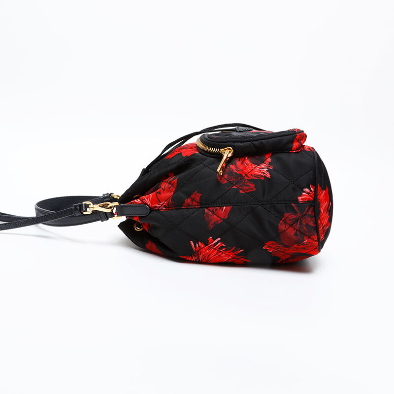 プラダ PRADA ショルダーバッグ ナイロン 巾著 フラワープリント ブラック