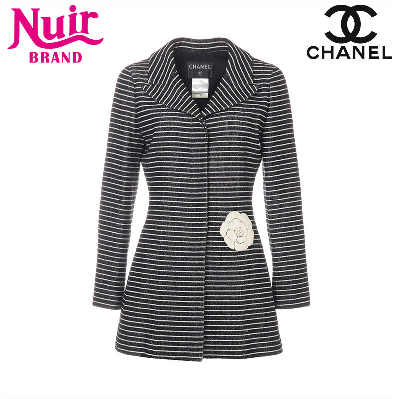 シャネル CHANEL コート Size:38 ボーダー カメリア コットン×ウール 01C 2001年製 ブラック_画像1