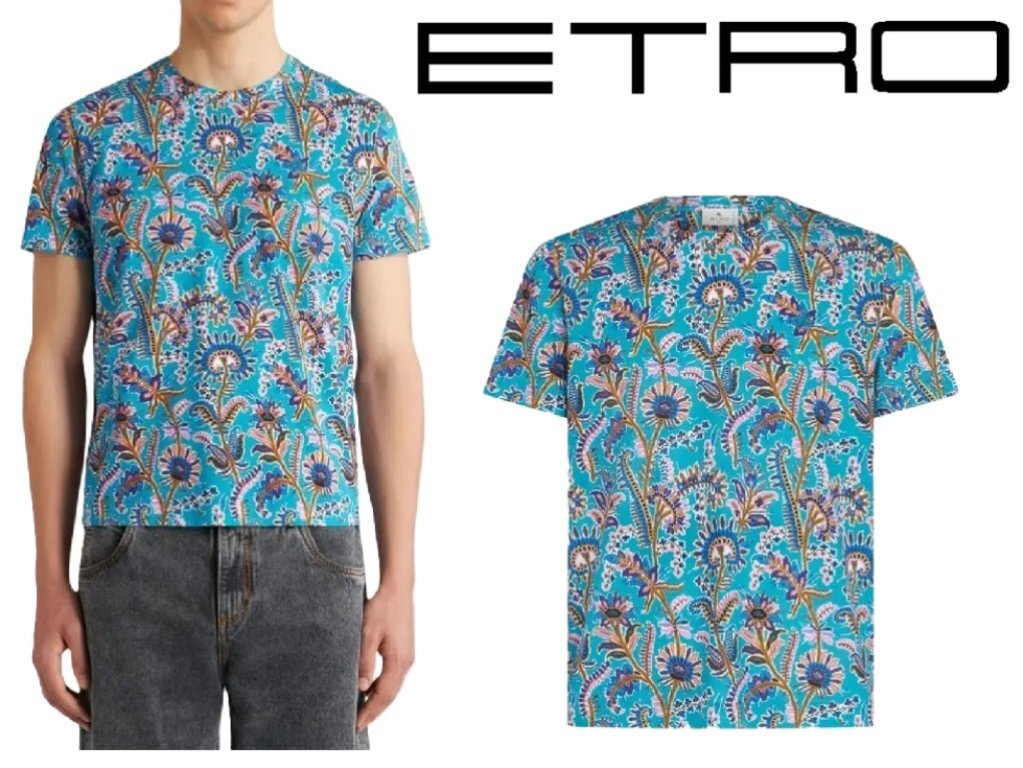 ETRO▼ペイズリー&フラワー ペガソ ロゴ コットン Tシャツ 8万新品◇XXL◇エトロ◇イタリア製 PEGASOロゴ刺繍ボタニカル