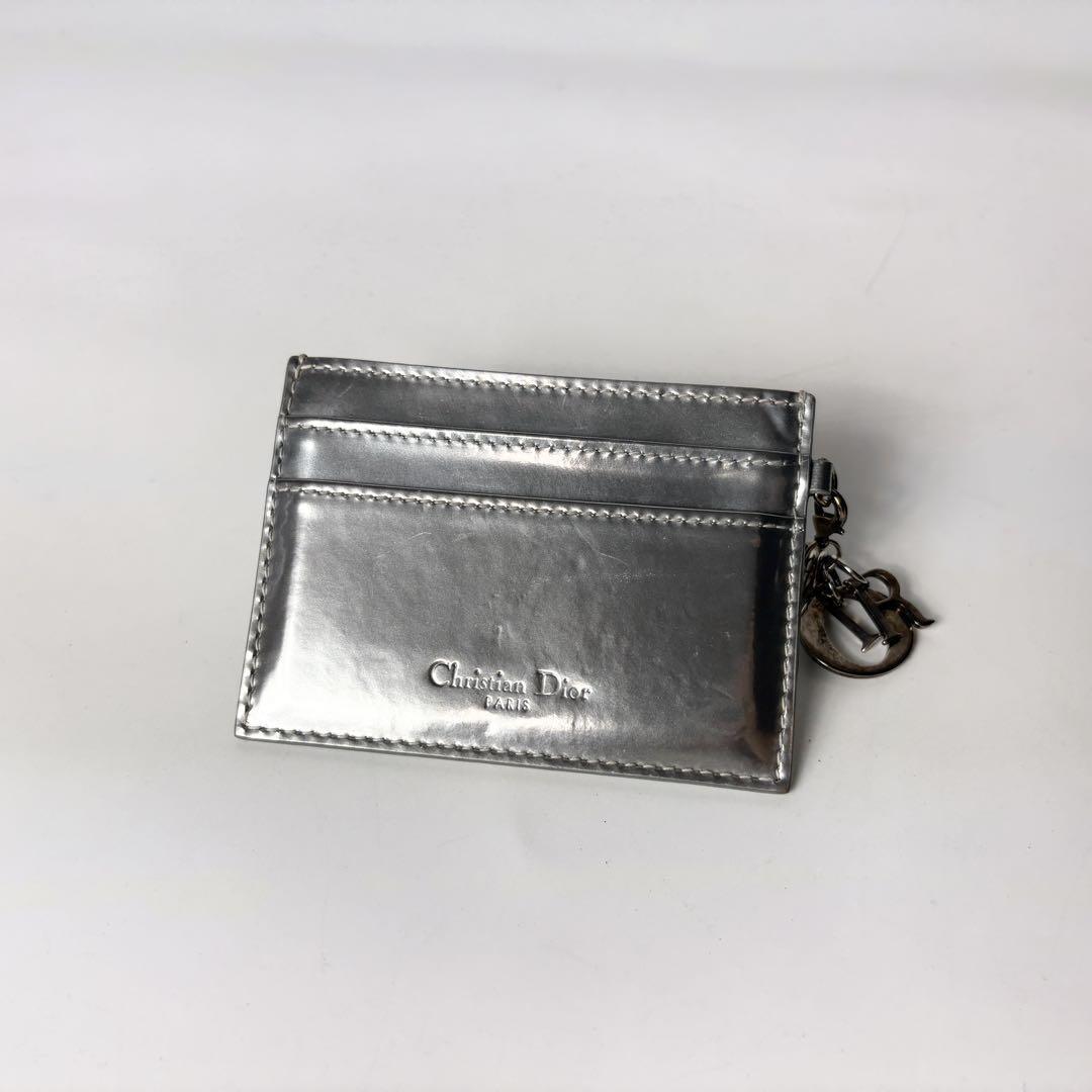 Christian DIOR コインカードケース チャーム付き クリスチャンディオール シルバー メタリック カードケース