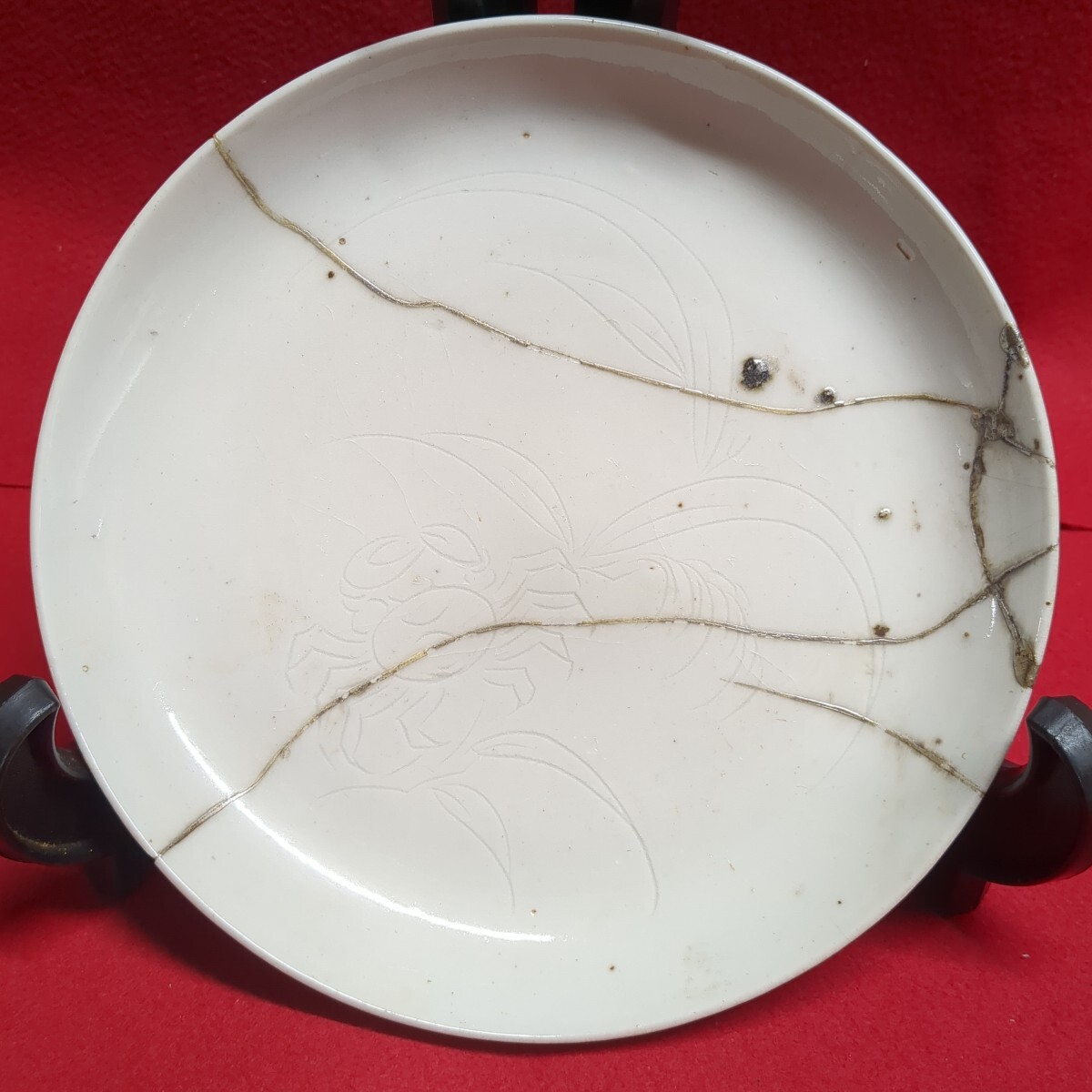 李朝 初期 青磁 12cm 金継ぎ 皿 白磁 時代物 初期伊万里 李朝 古美術 骨董 金継ぎ(白磁
