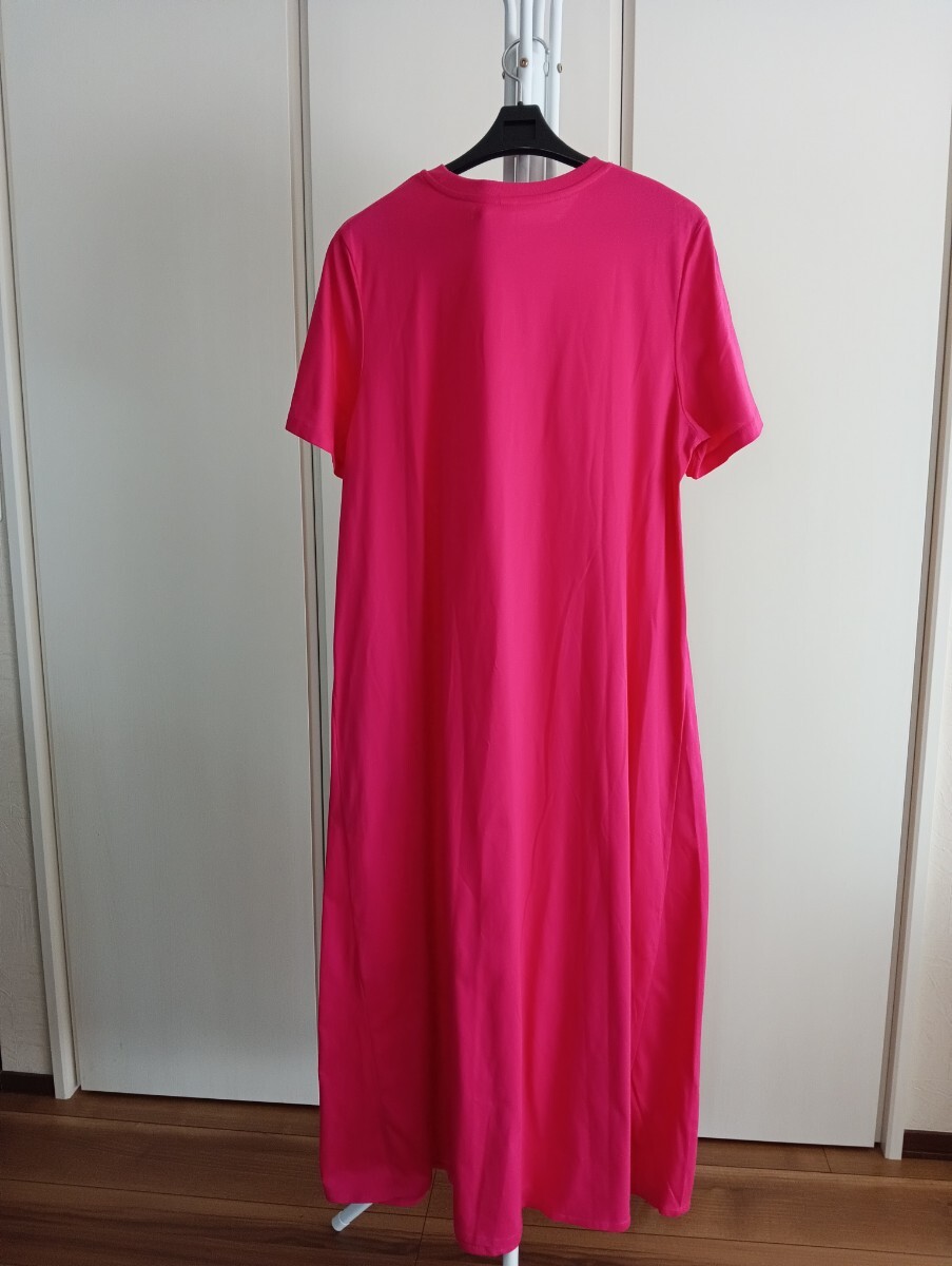 L 新品　ユニクロ　マーセライズ　Aライン　ワンピース　 ピンク　コットン ロング 半袖_画像2