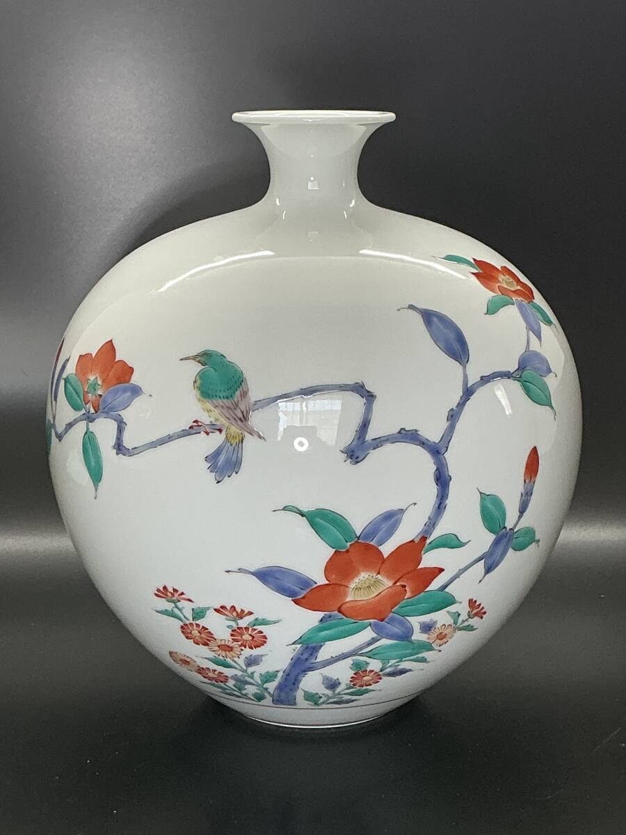 奥川俊右衛門 作 有田焼 花瓶 錦岩花鳥文⭐︎ 奥川俊右衛門 作 錦 柿右衛門手 花鳥 椿鳥文 花器 花瓶 花入 壺