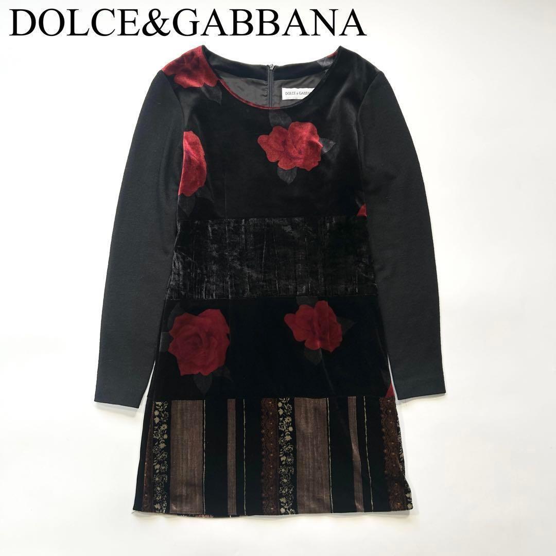 希少 DOLCE&GABBANA ドルガバ ローズ ロゴ ドレス ワンピース DOLCE&GABBANA ドルチェ&ガッバーナ ドルガバ ローズ ベロア