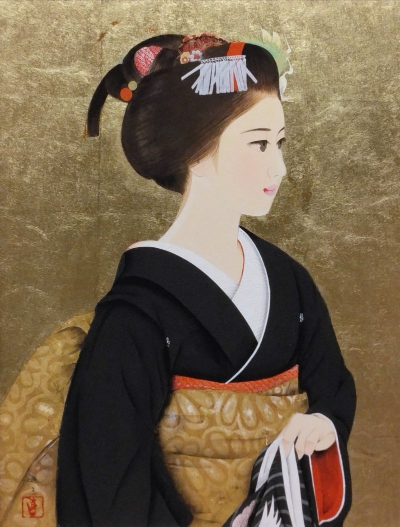 ハイビスカス 院展 清水達三先生 真作です 日本画 真作保証 清水達三「舞妓」日本画 10号 共シール 金箔背景 日本