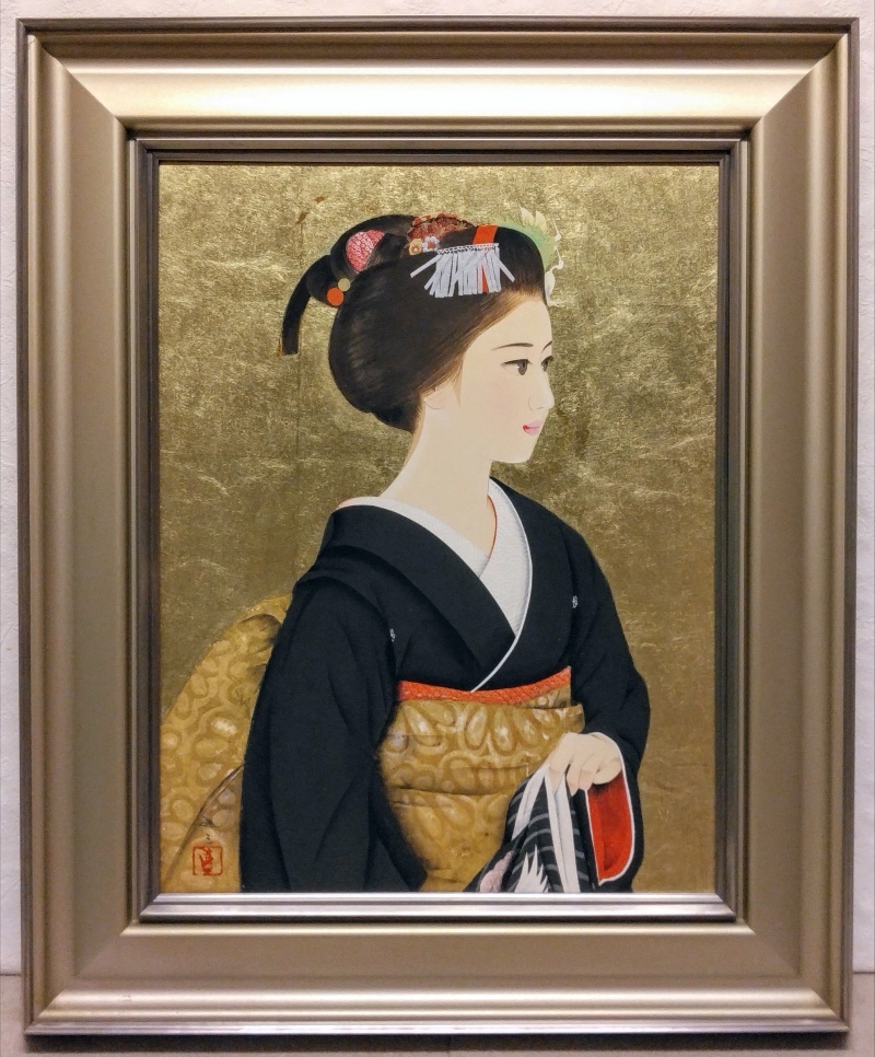 【真作保証】清水達三「舞妓」10号 直筆サイン 共シール 美人 額装 絵画 真作保証 清水達三「舞妓」日本画 10号 共シール 金箔背景 日本