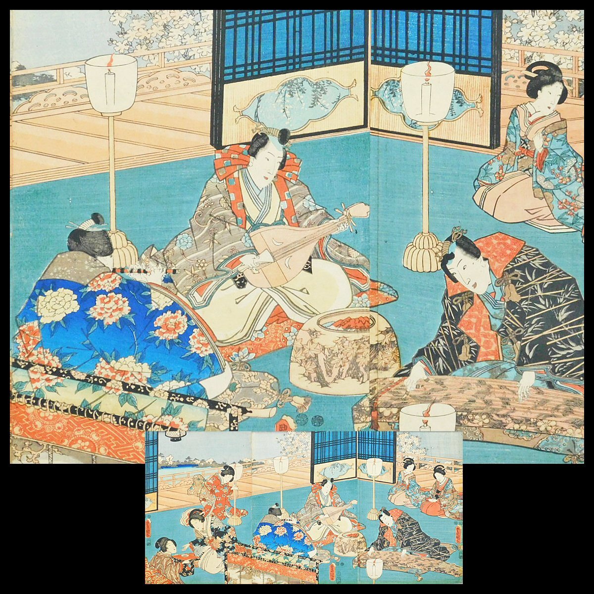 歌川豊国 遊廓花見酒宴の図 木版画 錦絵 三枚続 作品のみ コレクター整理品AC25070602_画像1