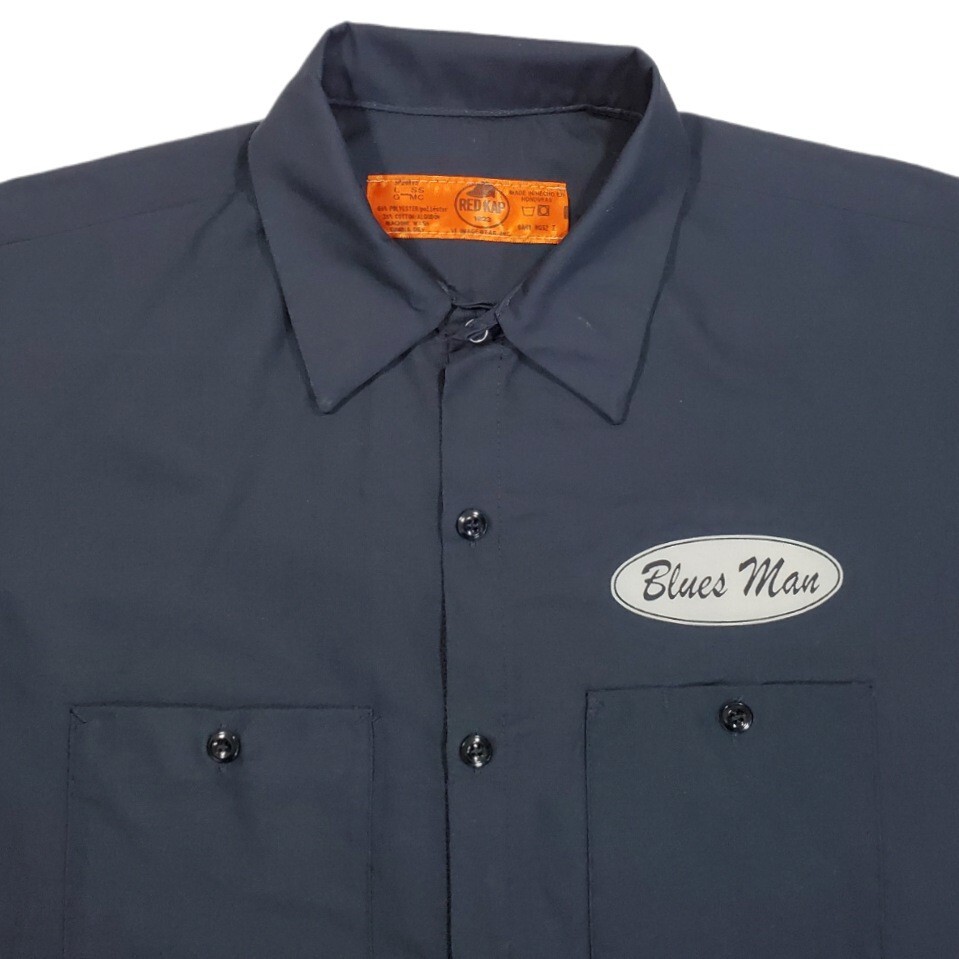 w208/ 古著 RED KAP レッドキャップ 半袖 ワークシャツ L 両面プリント Blues Man GROWN ASS MAN GAMC CLUB 洗濯プレス済 ネコポス発送