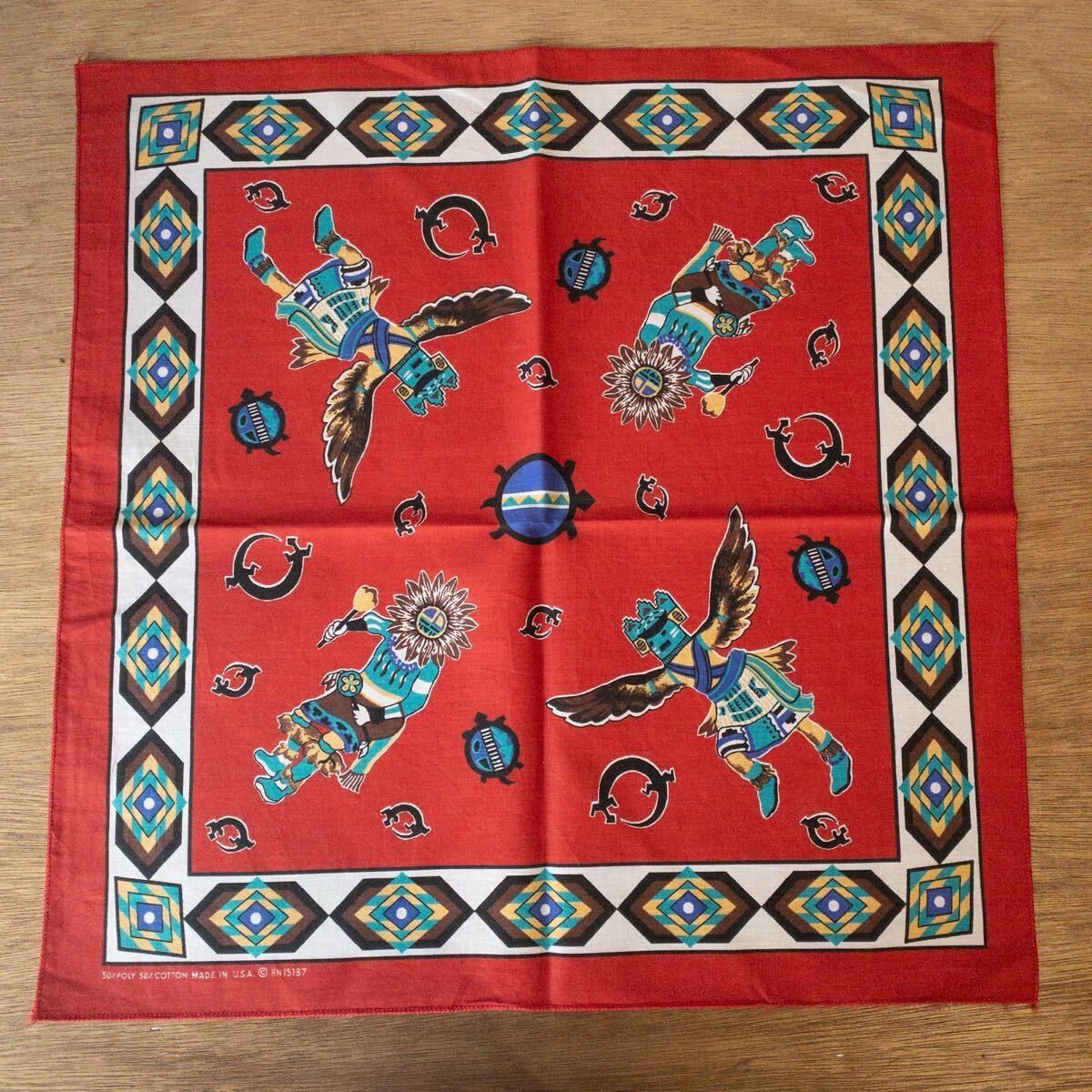 送料無料 Vintage バンダナ ハンカチ ネイティブ柄 アメリカ仕入れ レッド アメカジ USA製 コーデ 小物 雑貨 ヴィンテージ A1727_画像1