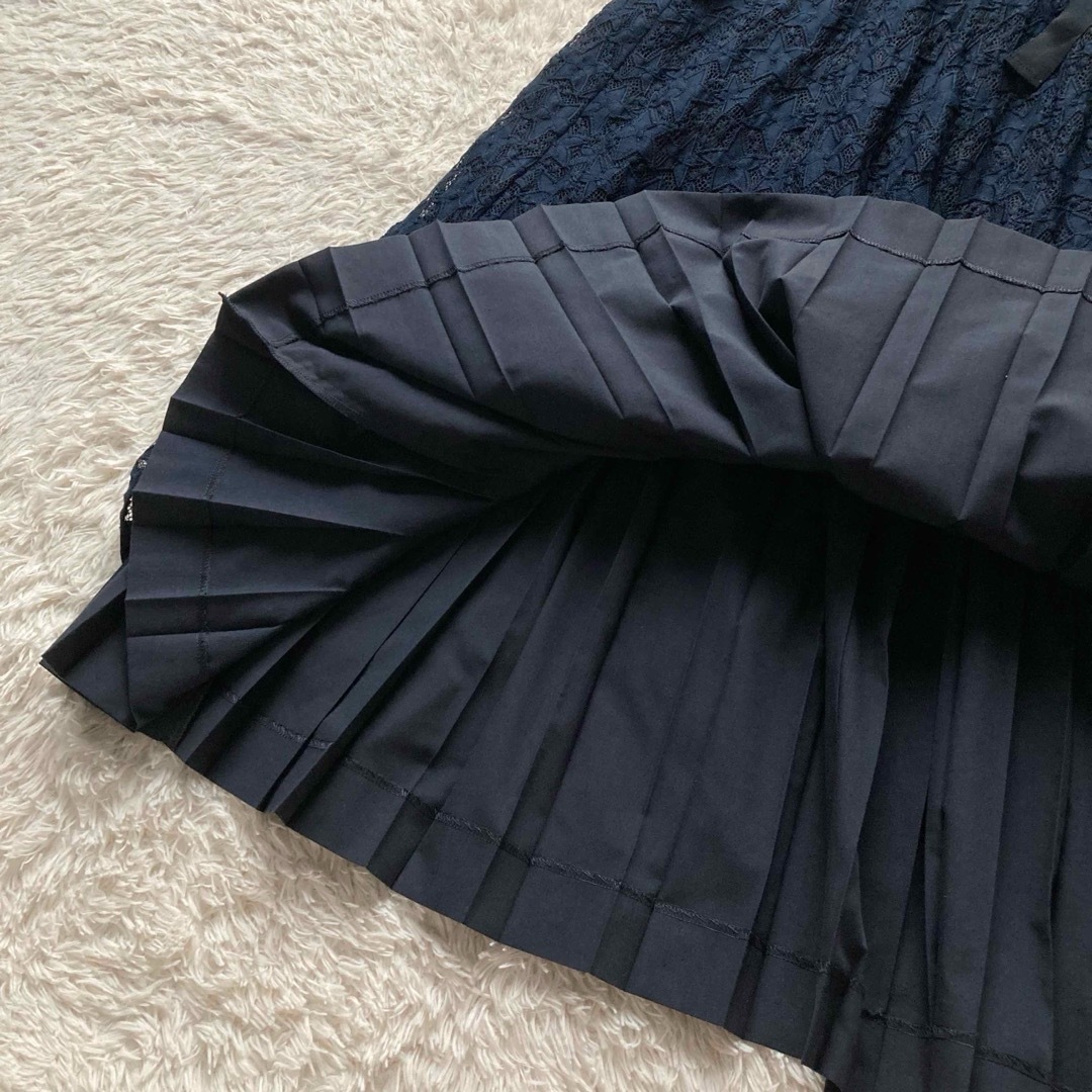 美品 ミュベール 星柄レースドッキングワンピース ロング フレア ネイビー 38 美品 ミュベール 星柄レースドッキングワンピース ロング フレア