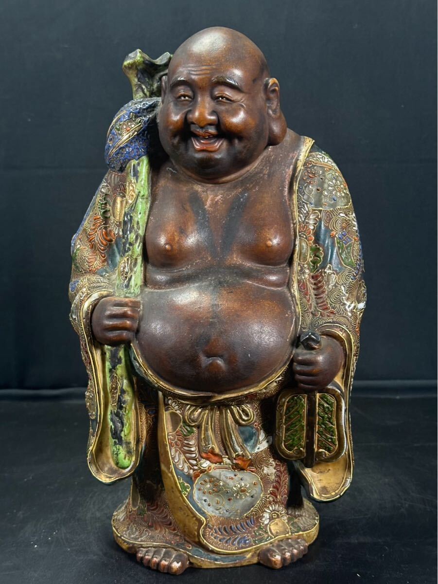 九谷焼 色絵金彩布袋置物 架夢 九谷焼 色絵金彩布袋像 細密彩色 陶器 置物 骨董 古物 唐物