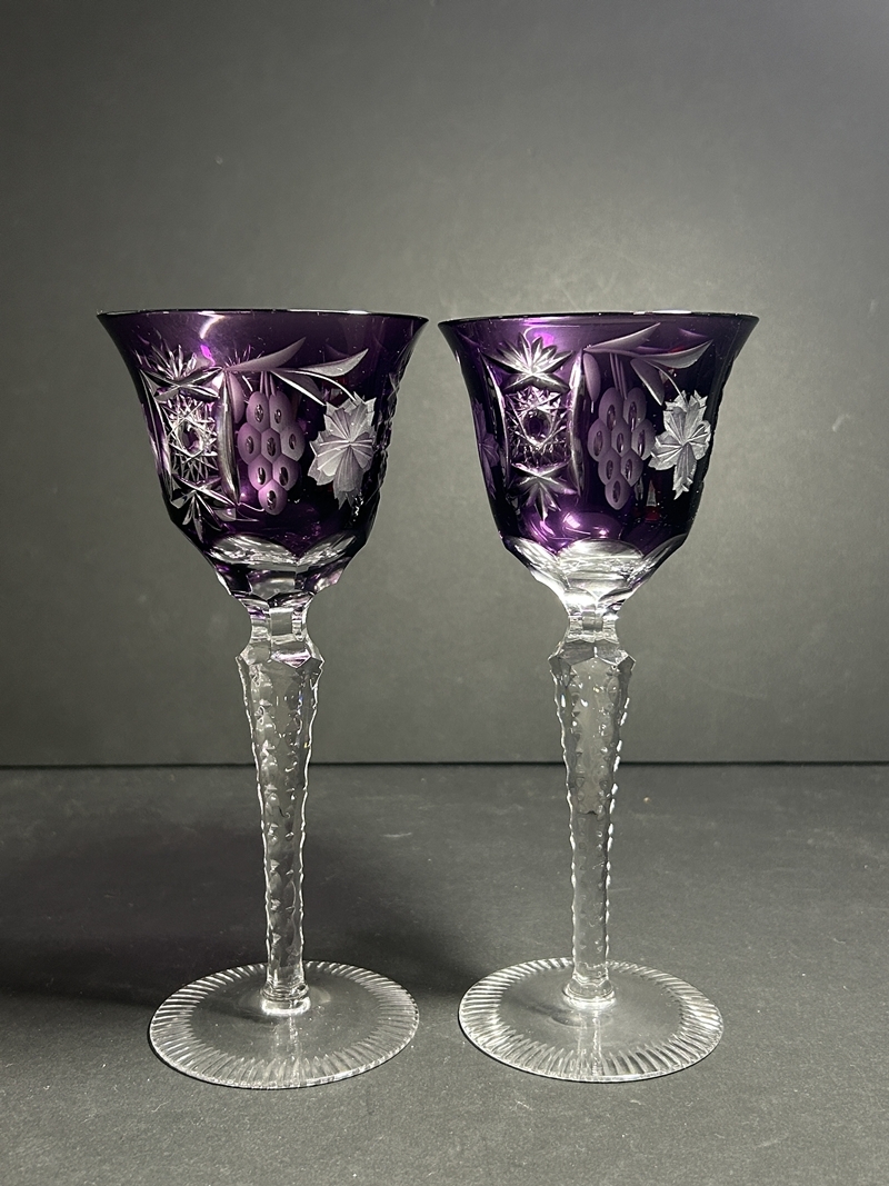 【新品未使用】CRYSTAL DONAU 紫色 クリスタルグラス 2個セット ○ コレクター必見 未使用 CRISTAL DONAU クリスタル ドナウ