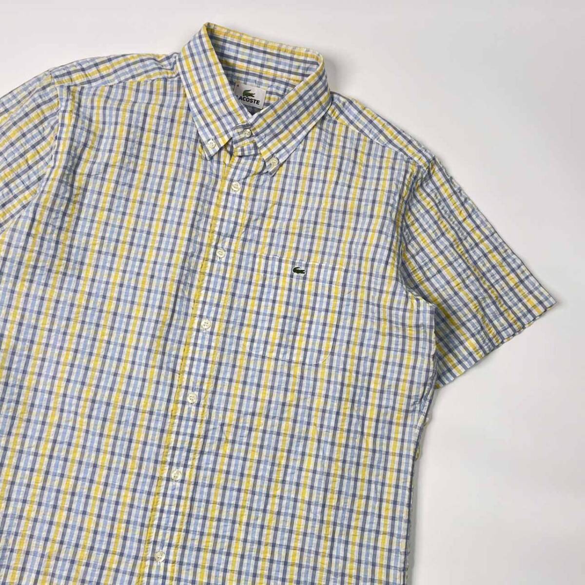 90s 00s LACOSTE ラコステ チェック BD ボタンダウン シアサッカー 半袖シャツ 4/イエロー×ブルー メンズ オールド ファブリカ