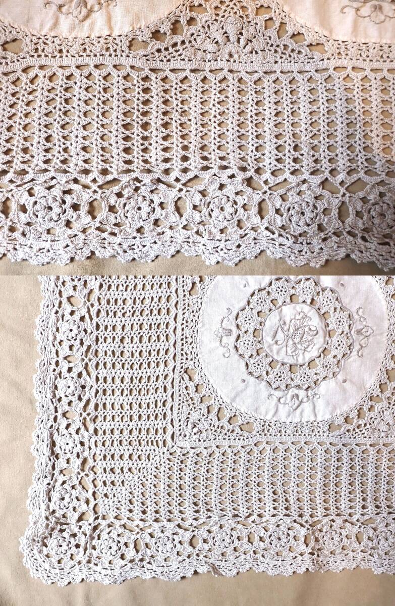 レース編み ハンド刺繍 ヨーロッパレース マルチカバー ベッドカバー カバー テーブルクロス 手編み 刺繍 手刺繍 バラ 花 ヴィンテージ_画像6