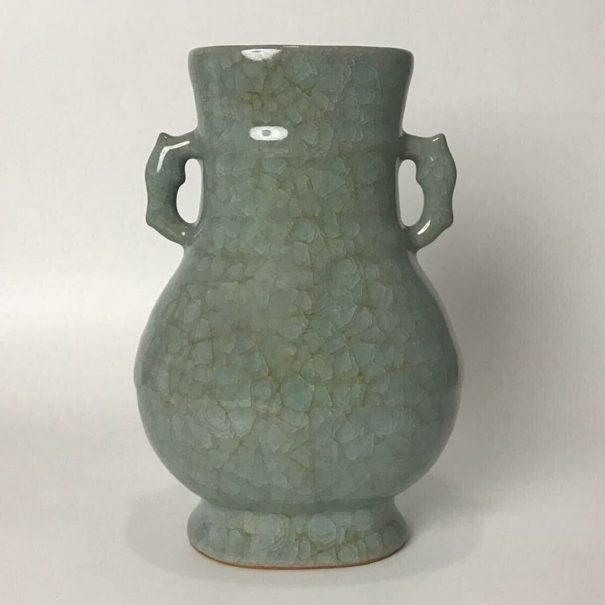 中国 龍泉窯青磁 双獣耳花瓶 時代箱 V R8314 中国美術 唐物コレクター 宋時代 龍泉窯青磁双耳花瓶 時代物(宋