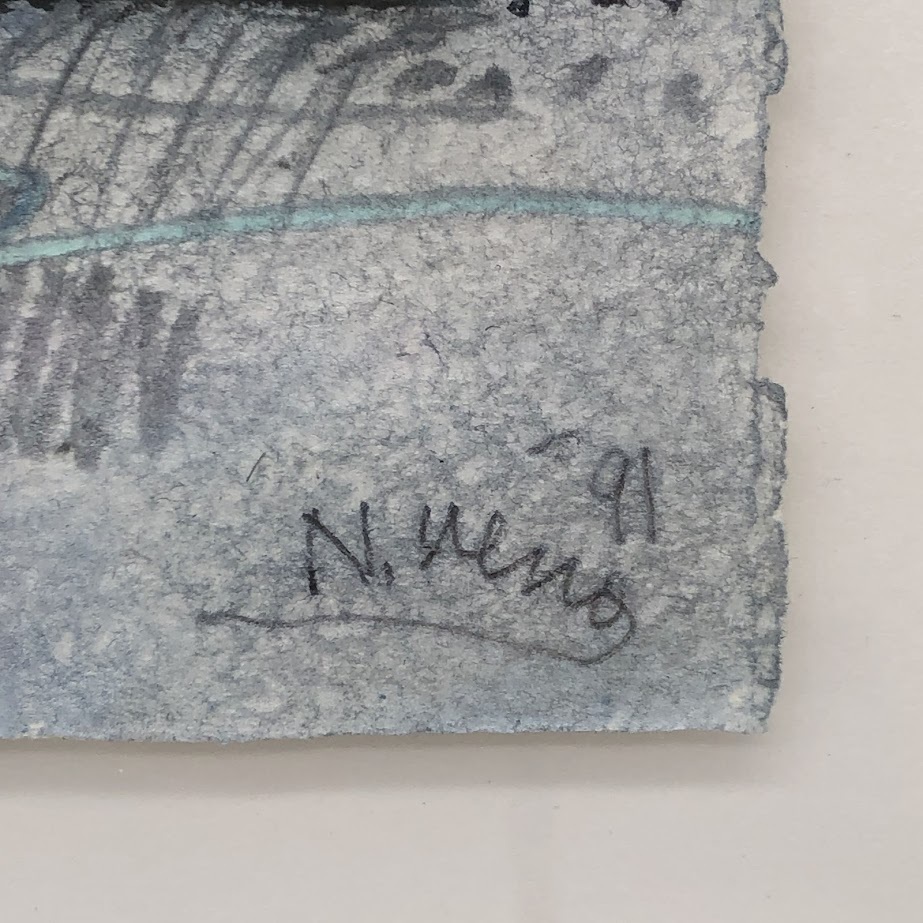 ★ss7726 「真作」 上野憲男 水原にて 1991年 EP版 水彩 コラージュ? 額装 43×35cm 自筆サイン入り ネイビー インテリア 絵★_画像3