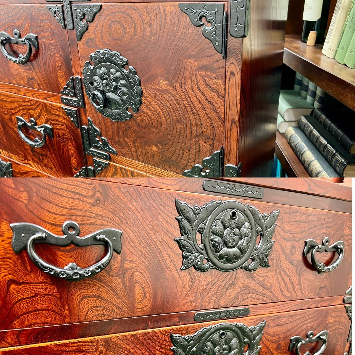 美品民芸家具 和箪笥 南部鉄器金具 漆塗り 三八整理【岩谷堂箪笥 漆塗り 民芸家具 117×46×139】南部鉄器