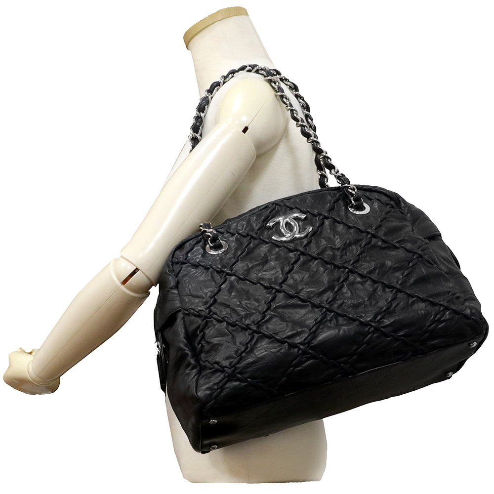 （中古）シャネル CHANEL ウルトラステッチ チェーン ショルダー トートバッグ カーフスキン レザー ブラック 黒 シルバー金具_画像8