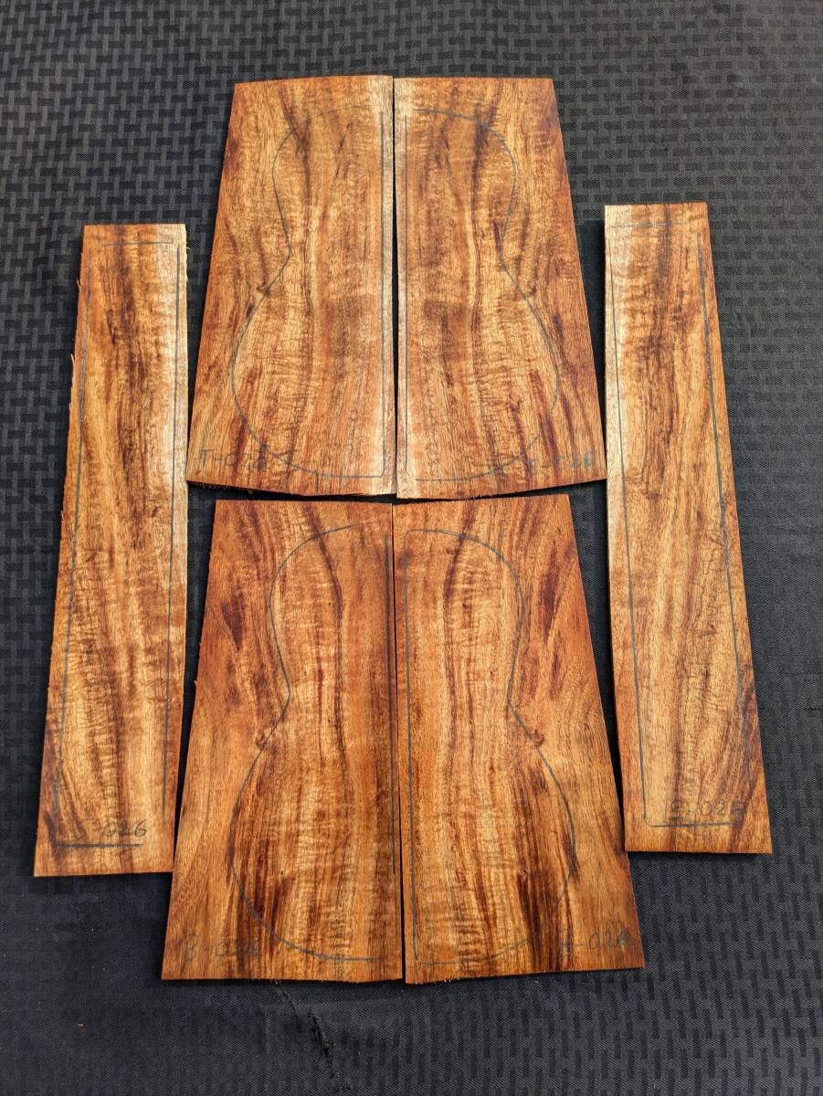 超特価・CT-TBS-026・ウクレレ材・表裏サイド6枚セット・送無・希少3Aカーリー ハワイアンコア材 コンサート・ハワイ島直送・Hawaiian Koa 