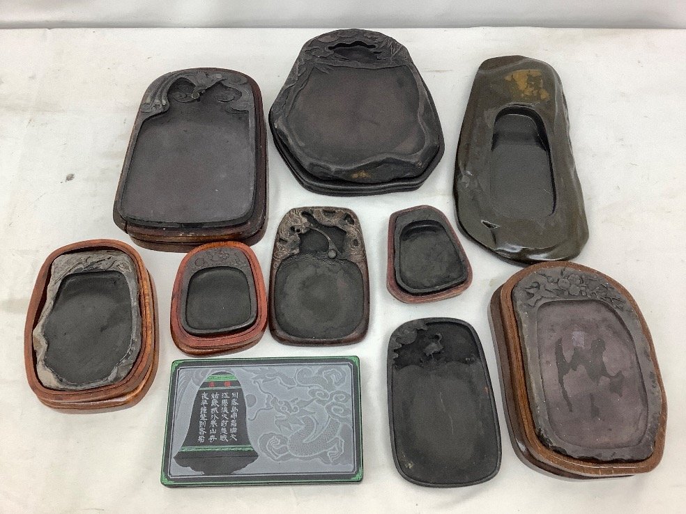 松岩他 石硯まとめ/雲龍彫/鶴/書道具/中国美術 10点 汚れや箱ヒビあり ACB 品