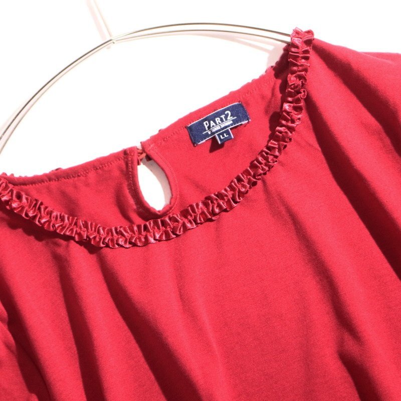 美品 PART2 BY JUNKO SHIMADA パート2 BY ジュンコシマダ 夏 艶 リボンフリル 半袖 Tシャツ カットソー LL レッド 赤 大きいサイズ ミセス