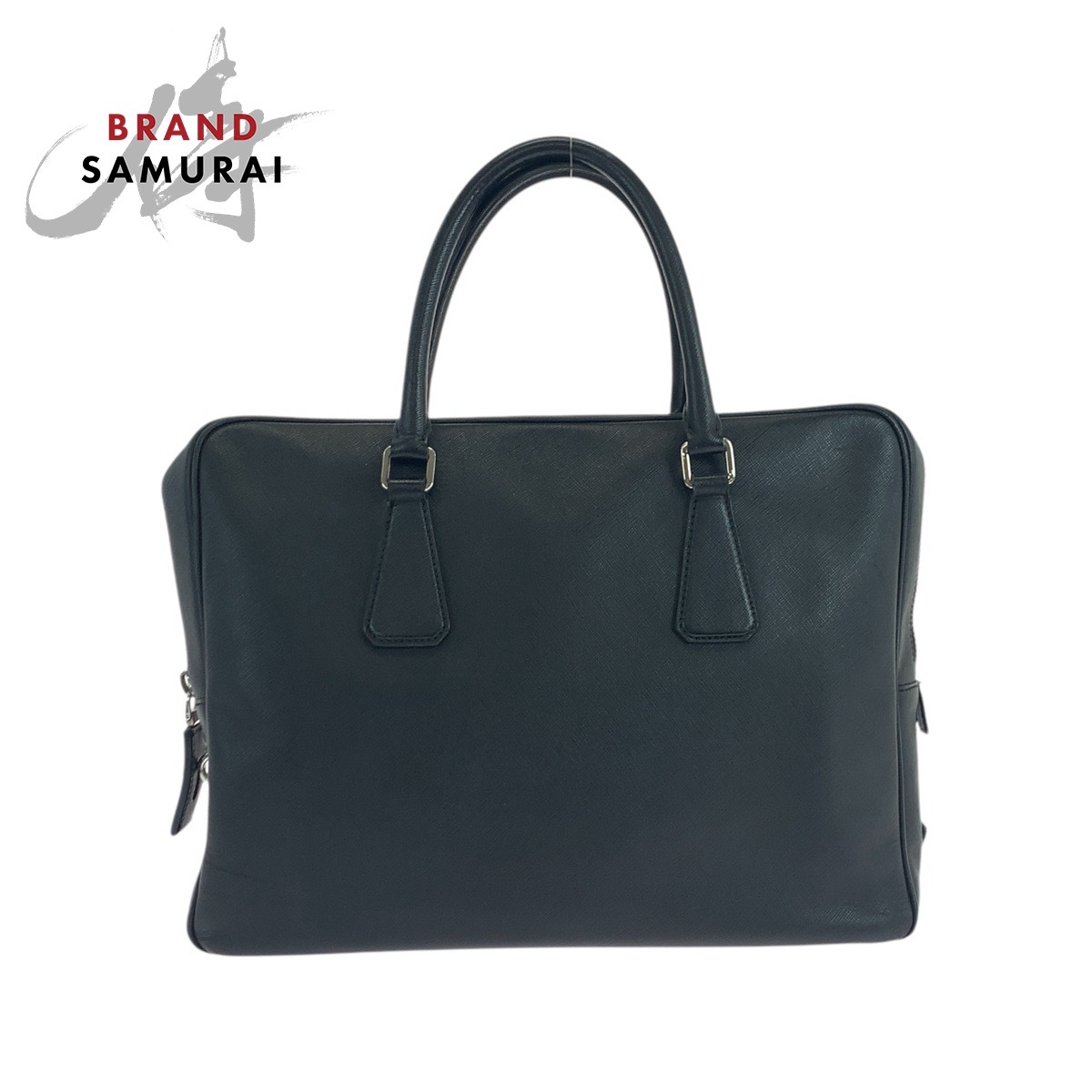 美品 PRADA プラダ サフィアーノ 三角ロゴプレート ブラック 黒 シルバー金具 レザー ビジネスバッグ ブリーフケース メンズ 503961_画像1