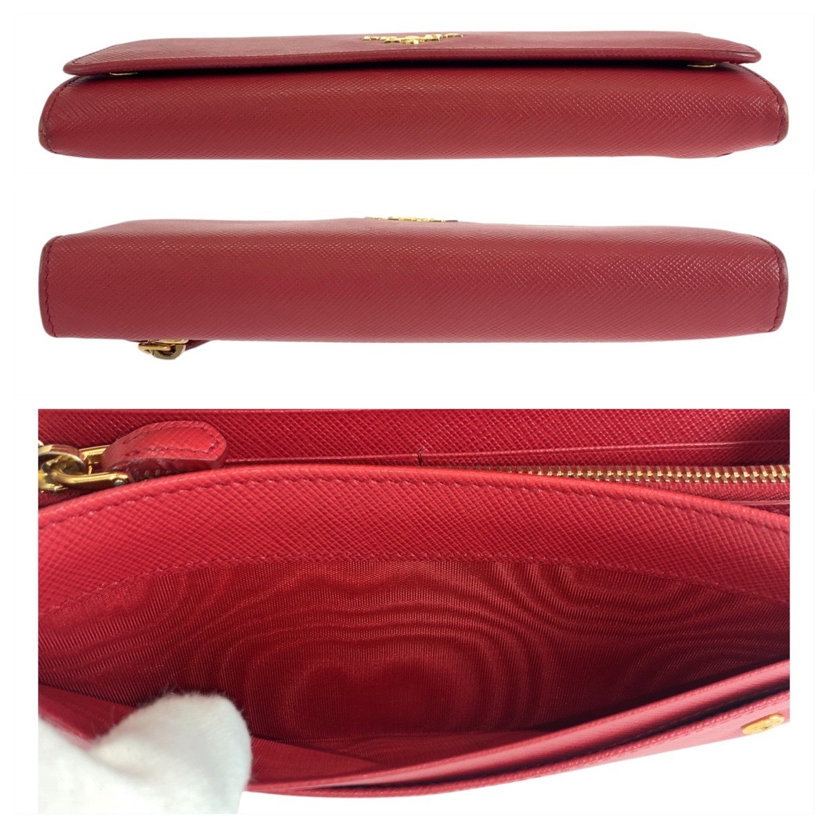  прекрасный товар PRADA Prada safia-no Logo Pas с футляром красный Gold металлические принадлежности кожа длинный кошелек длинный бумажник женский 504466