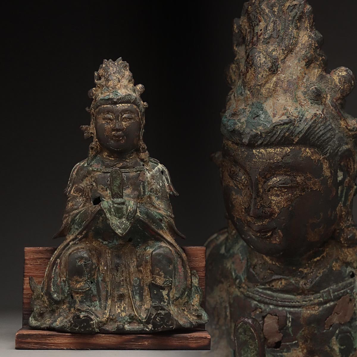 時代仏教美術 銅仏「観音菩薩坐像」觀音菩薩像・仏像・佛像 中国古玩 EV885 中国美術 時代唐物 明代 銅漆金觀音菩薩坐像 全高29.8cm