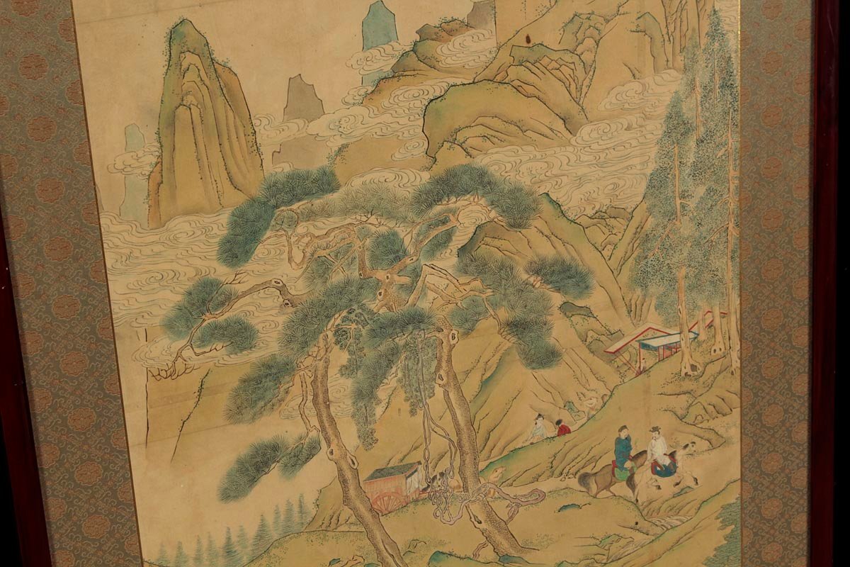 中国美術 粉彩 人物図 漢詩 時代物 アンティーク 古道具 古美術 DT351 時代 中国美術【李春芳 画】着彩「山水風景漢詩図」額装