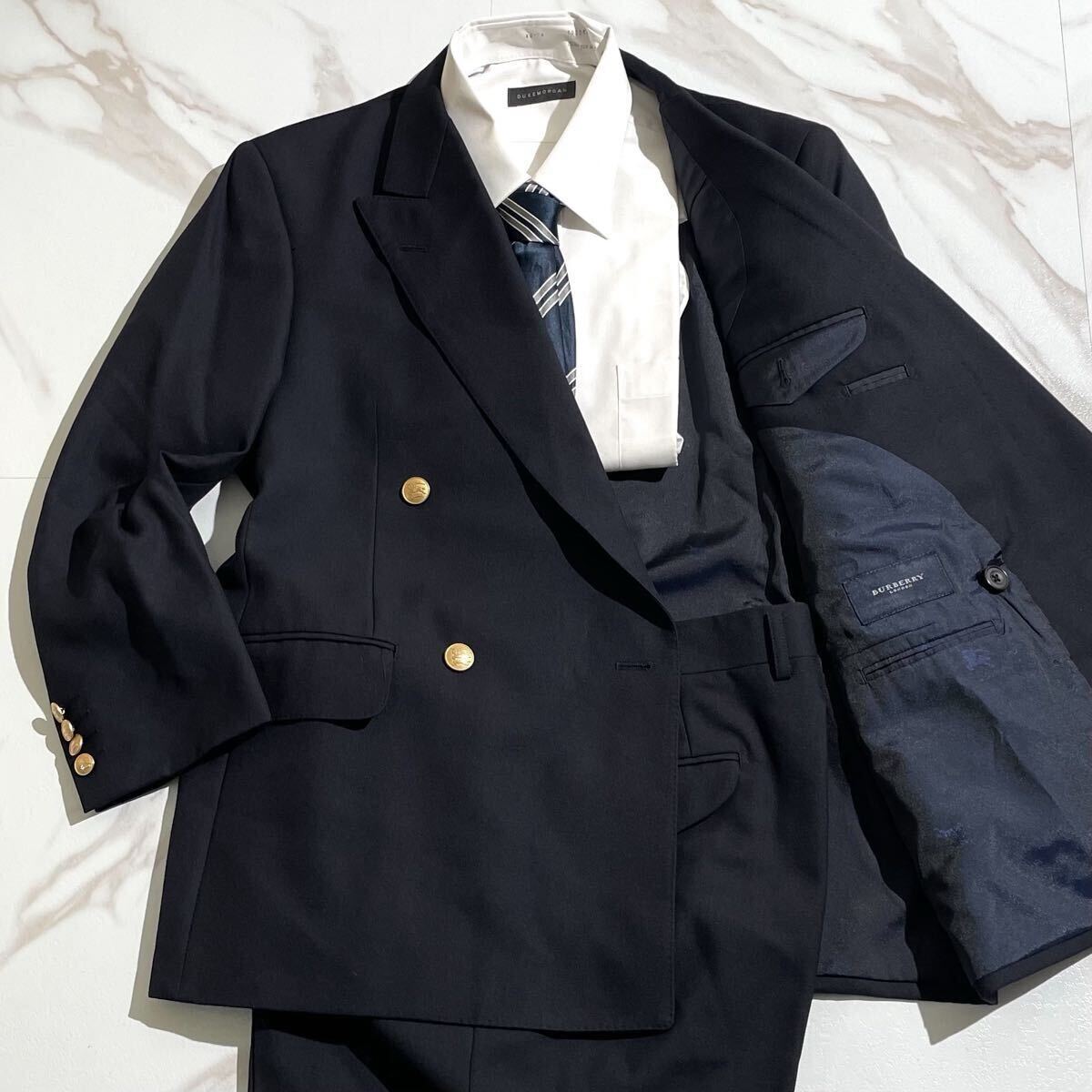 【美品】Burberrys セットアップスーツ ダブル ネイビー シェルボタン 美品 BURBERRY バーバリー スーツ セットアップ ダブル 紺ブレ