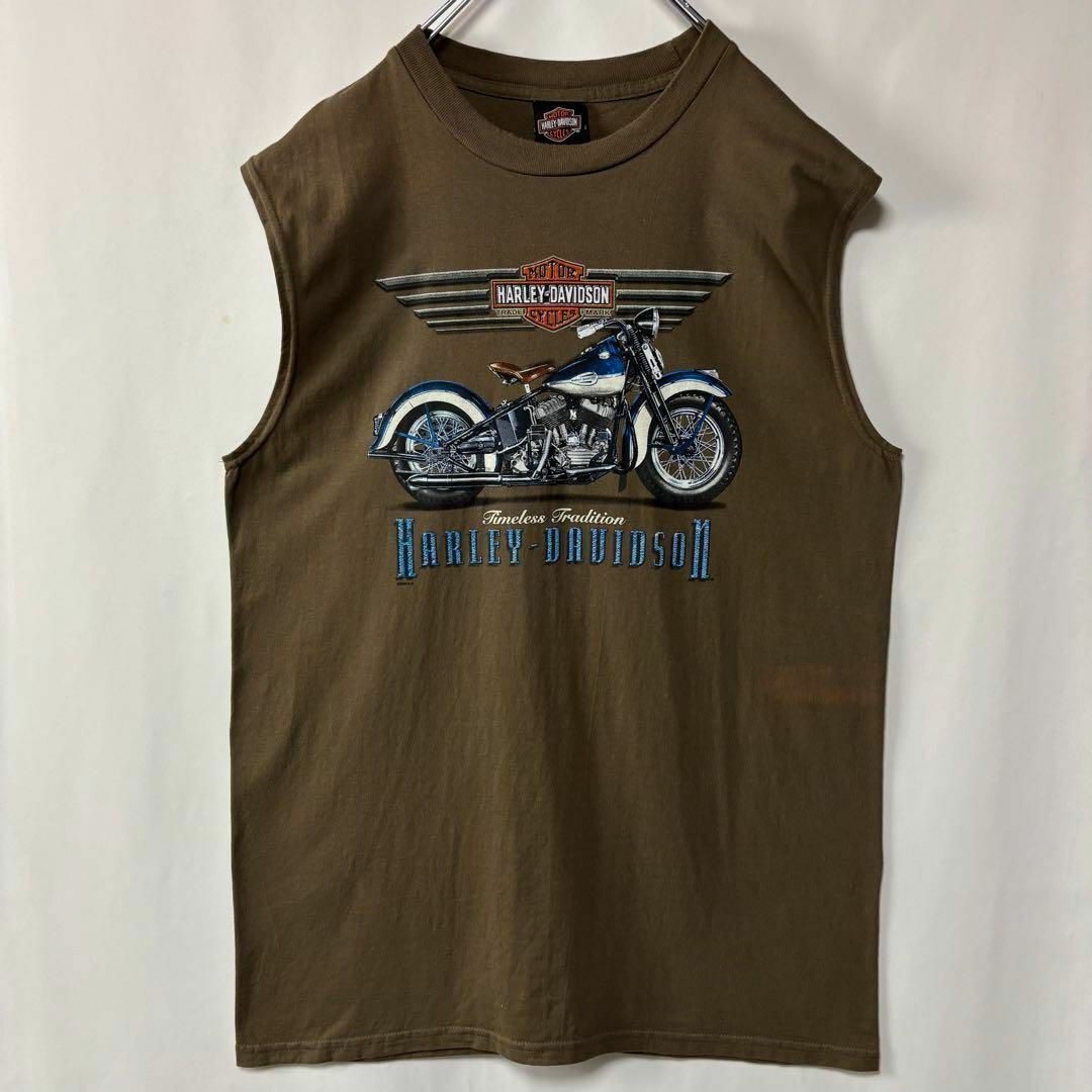 USA製 ハーレー ノースリーブ タンクトップ カーキ 両面プリント 背中ロゴ USA製 ハーレーダビッドソン タンクトップ ノースリーブ カーキ