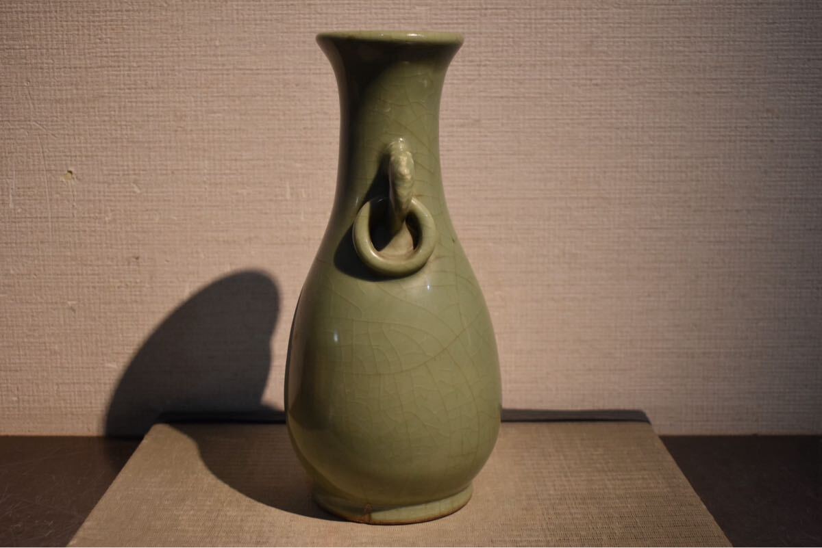 中国古玩 青磁 龍耳付き花瓶 GE】E105【コレクター所蔵品】時代 青磁耳付花瓶/中国古玩 中国
