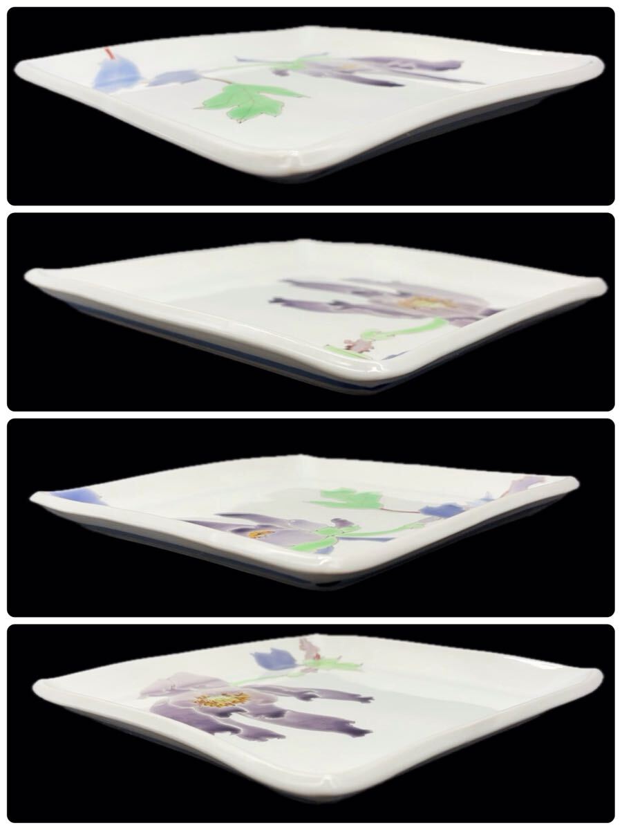 九谷焼 武腰潤 富貴図 牡丹 花絵 板皿 共箱 九谷焼 武腰潤 富貴の図 牡丹 2枚組 角皿 花絵 板皿 -266-(皿