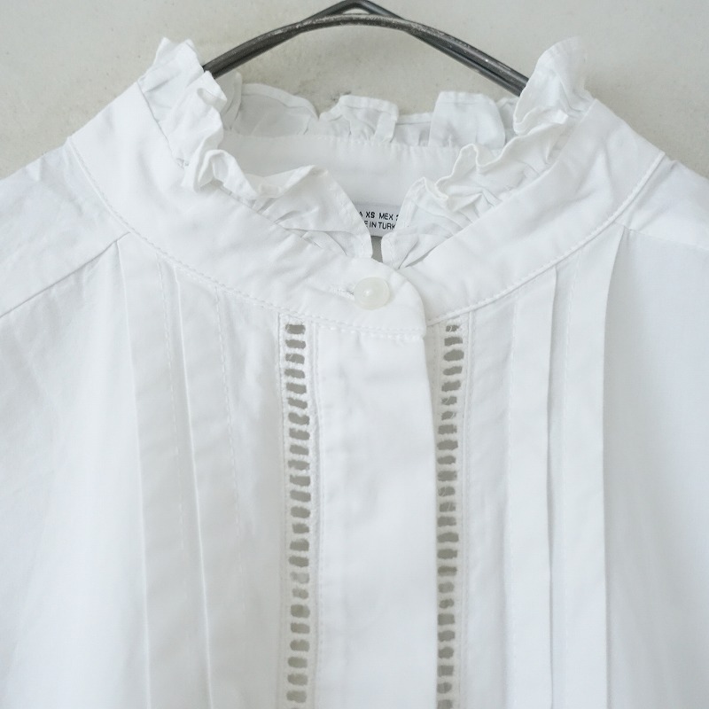 ザラ ZARA *コットンフリルピンタックギャザーレースブラウス*XS/24綿ホワイト白シャツ(25-2506-152)【20G52】_画像5