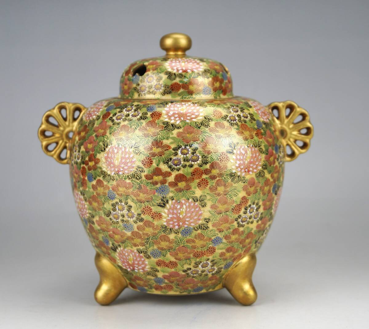 鳳】薩摩焼 金薩摩 花尽し 花詰文 百花詰 金彩 香炉 大香炉