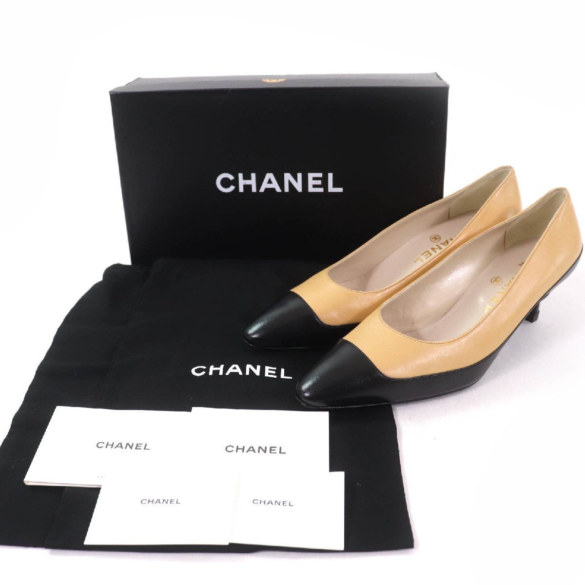 【ドンドン見直し】極美品☆CHANEL シャネル ヴィンテージ レザー バイカラー パンプス ベージュ ブラック 37.5 イタリア製 レディース_画像2