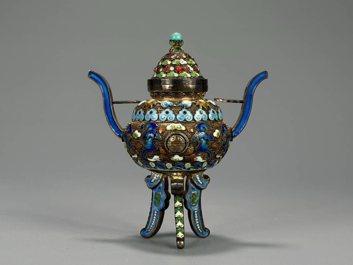 2096 七宝焼 景泰藍 香炉 時代物 UJ23S68 中国美術 景泰藍 七宝 銀嵌百宝小香炉 香道具 時代 古物