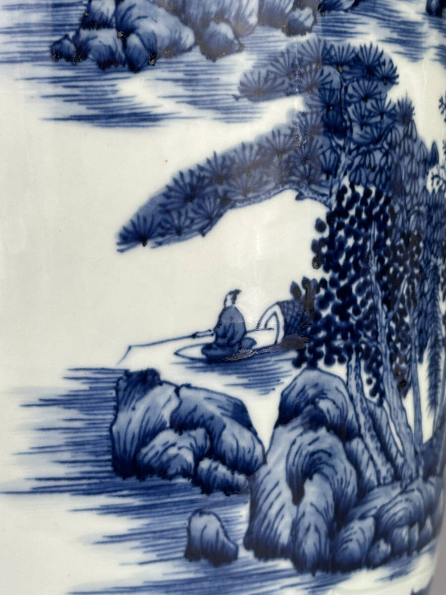 中国美術品 景徳鎮 元時代~明時代 青華 辰砂 陽刻浮彫細工 元染付写し 大梅瓶 S09UJ28 中国美術 景徳鎮製 青花山水風景文花瓶 染付瓶 年号有