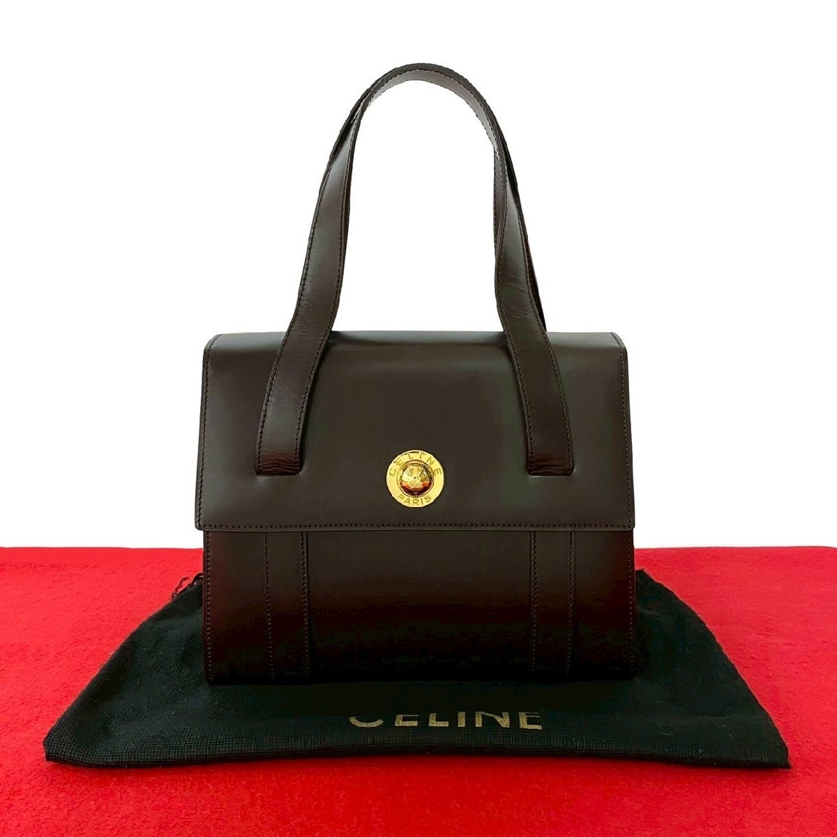 極 美品 袋付 CELINE セリーヌ ヴィンテージ スターボール 金具 レザー 本革 ハンドバッグ ミニ トートバッグ ブラウン 茶 34136_画像1