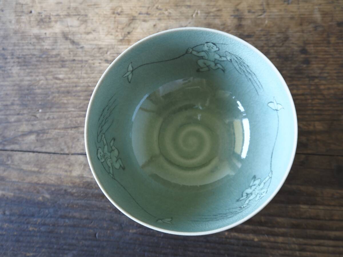 高麗青磁茶碗 骨董 古美術 OAN】漢青 高麗青磁 茶碗 在銘 木箱付 骨董 古美術 古道具 民藝