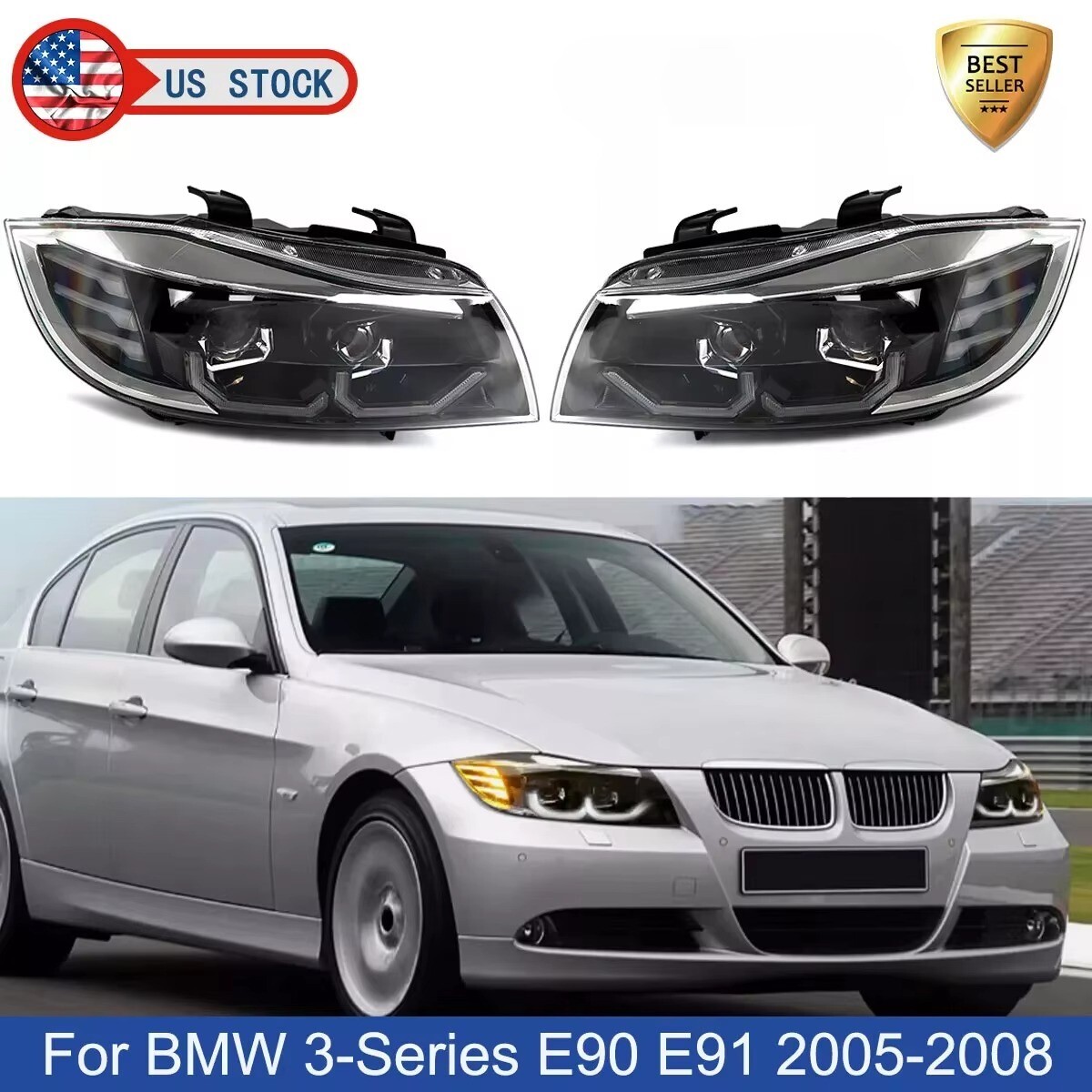 【送料無料】 ヘッドライト LED スモーク タイプ2 BMW 3シリーズ E90 2005-2012 アセンブリ エンジェルアイ フロント デイライト_画像1