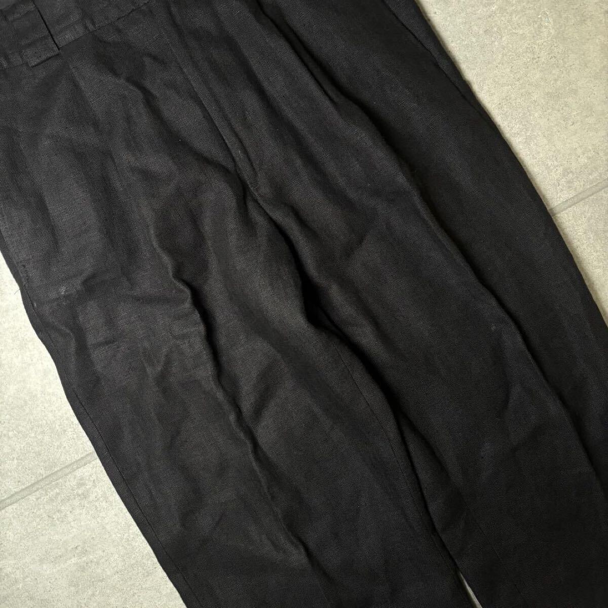 ヴィンテージ　リネンスラックス　パンツ　バギーシルエット　麻混合　2タック　イタリア製　ワイド　極太　イージーパンツ　ブラック　L_画像4