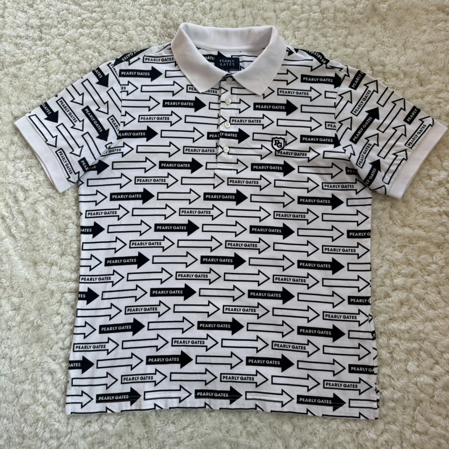 希少XL✨パーリーゲイツ ポロシャツ ロゴワッペン 総柄 白黒 6 ゴルフウェア 希少】PEARLY GATES パーリーゲイツ ポロシャツ メンズ6 XL相当
