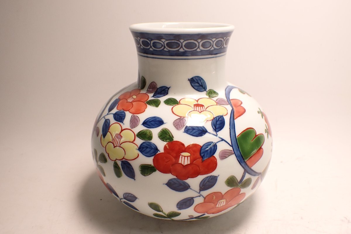 【貴重】古美術【館林源右衛門】(染付 花瓶) 共箱有り『時代物 極上品 初だし』 072854 館林源右衛門 染錦 古伊万里風椿絵 花瓶 花器(染錦