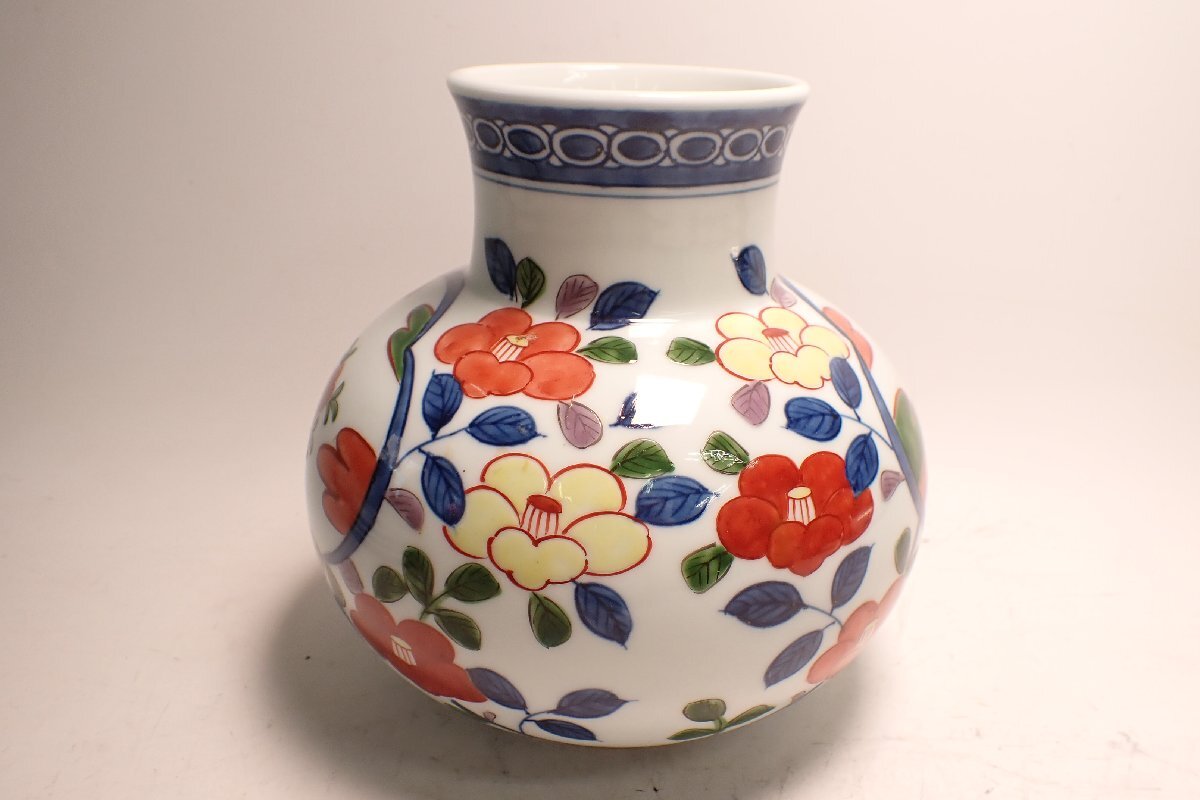 1878 源右衛門 染錦松竹梅 花瓶 072854 館林源右衛門 染錦 古伊万里風椿絵 花瓶 花器(染錦
