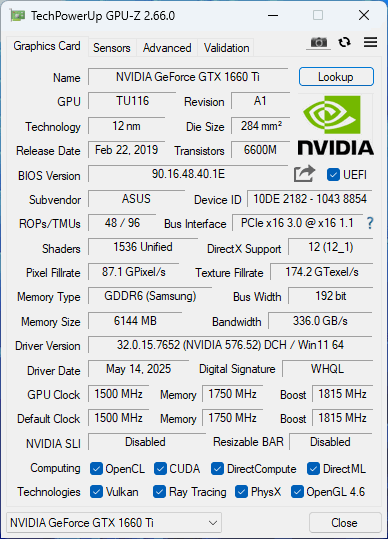 ASUS TUF-GTX1660TI-6G-EVO-GAMING GDDR6 Win10,11. рабочий товар проверка settled FF15 bench 5 раз продолжение . пробег б/у товар [ управление N:1660-56]